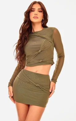 Khaki Mesh Knot Detail Micro Mini Skirt