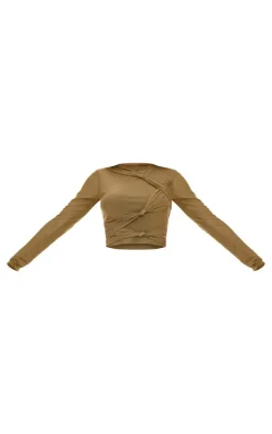 Khaki Mesh Long Sleeve Knot Detail Top
