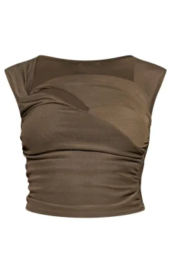 Khaki Mesh Sheer Cut Out Top