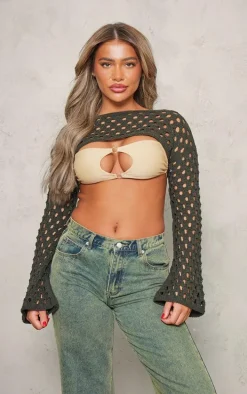 Khaki Open Knit Flare Sleeves Knitted Top