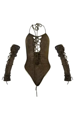 Khaki Open Knit Lace Up Bodysuit & Sleeves