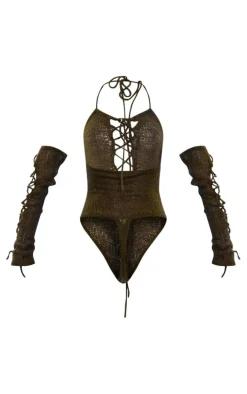 Khaki Open Knit Lace Up Bodysuit & Sleeves