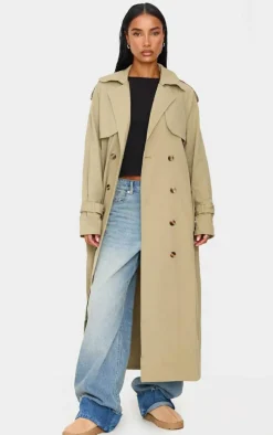 Khaki Panel Detail Belted Trench Coat