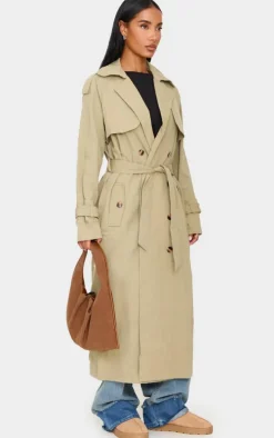 Khaki Panel Detail Belted Trench Coat