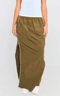 Khaki Parachute Piping Detail Track Maxi Skirt