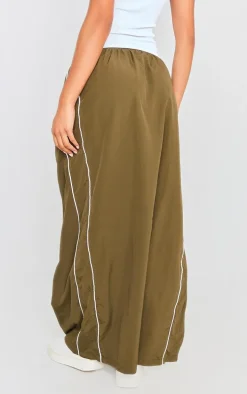 Khaki Parachute Piping Detail Track Maxi Skirt