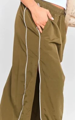 Khaki Parachute Piping Detail Track Maxi Skirt