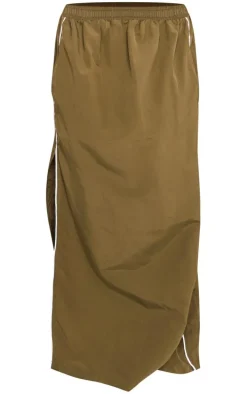 Khaki Parachute Piping Detail Track Maxi Skirt