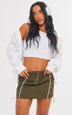 Khaki Parachute Shell Contrast Stitch Mini Skirt