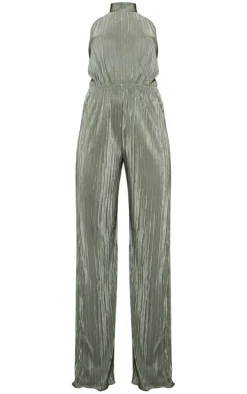 Khaki Plisse High Neck Scoop Back Wide Leg Jumpsuit