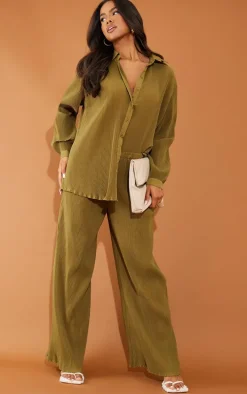 Khaki Plisse High Waisted Wide Leg Pants