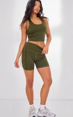 Khaki Pocket Detail Sculpt Biker Shorts