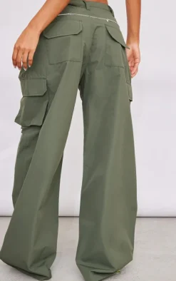 Khaki Pocket Side Coated Wide Leg Cargo Bottoms