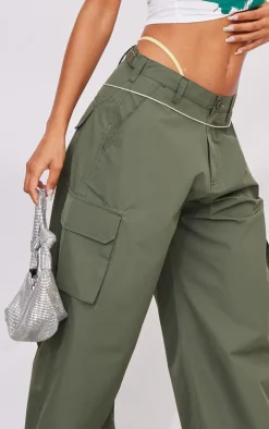 Khaki Pocket Side Coated Wide Leg Cargo Bottoms