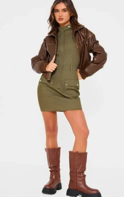 Khaki Premium Cargo Twill Pocket Detail Bodycon Dress