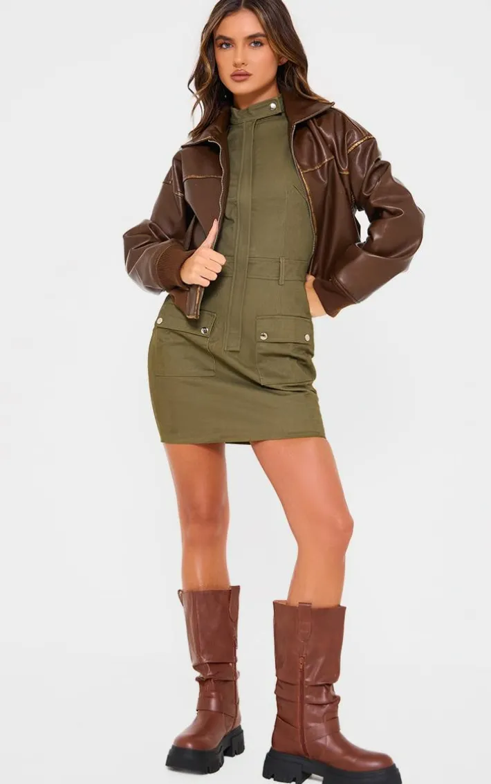 Khaki Premium Cargo Twill Pocket Detail Bodycon Dress