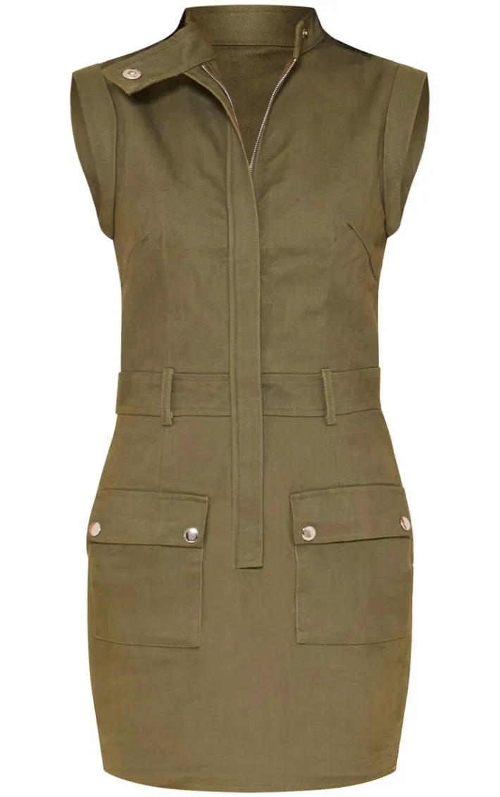 Khaki Premium Cargo Twill Pocket Detail Bodycon Dress