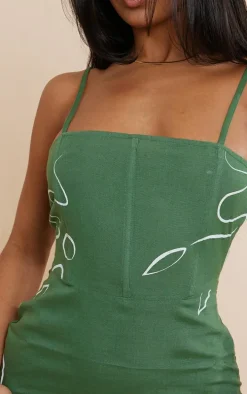 Khaki Print Linen Look Strappy Bodycon Dress