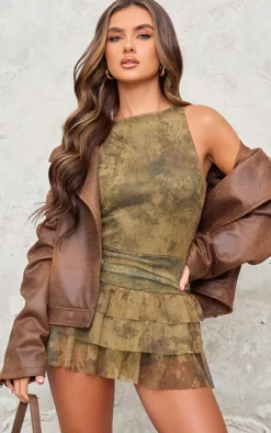Khaki Print Mesh Rara Frill Skort Romper