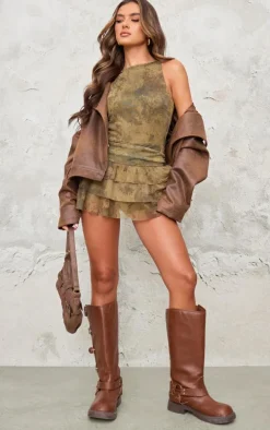 Khaki Print Mesh Rara Frill Skort Romper