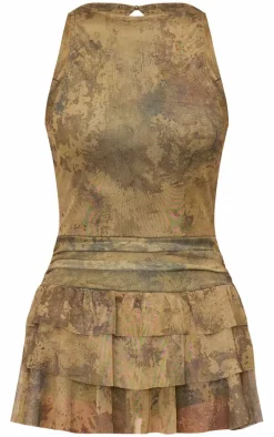 Khaki Print Mesh Rara Frill Skort Romper