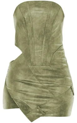 Khaki PU Bandeau Cut Out Binding Detail Bodycon Dress