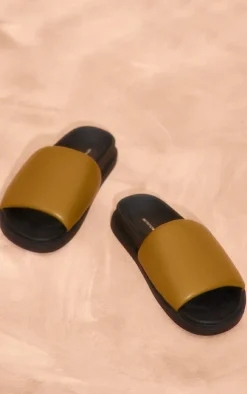 Khaki PU Round Toe Footbed Flat Slider Sandals