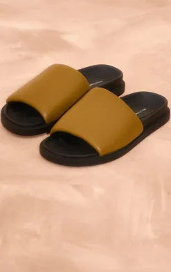 Khaki PU Round Toe Footbed Flat Slider Sandals