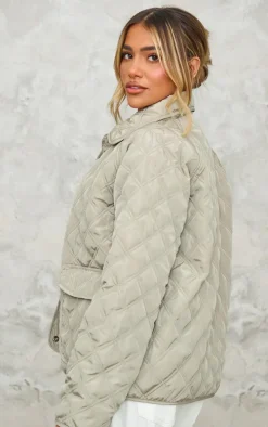 Khaki Quilted Pocket Detail Longline Lightweight Coat