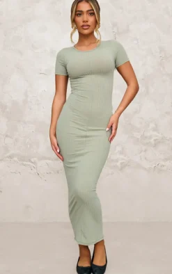 Khaki Rib Cap Sleeve Midaxi Dress