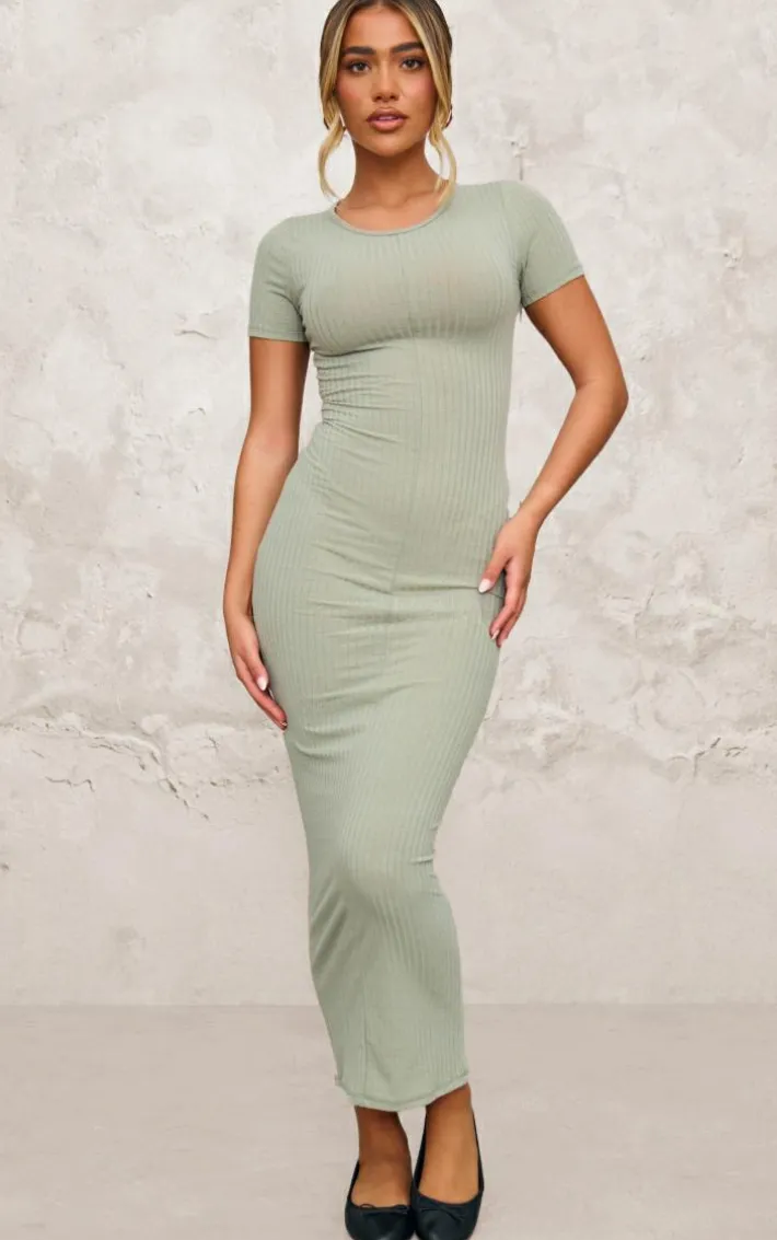 Khaki Rib Cap Sleeve Midaxi Dress