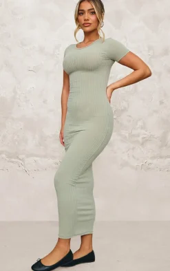Khaki Rib Cap Sleeve Midaxi Dress