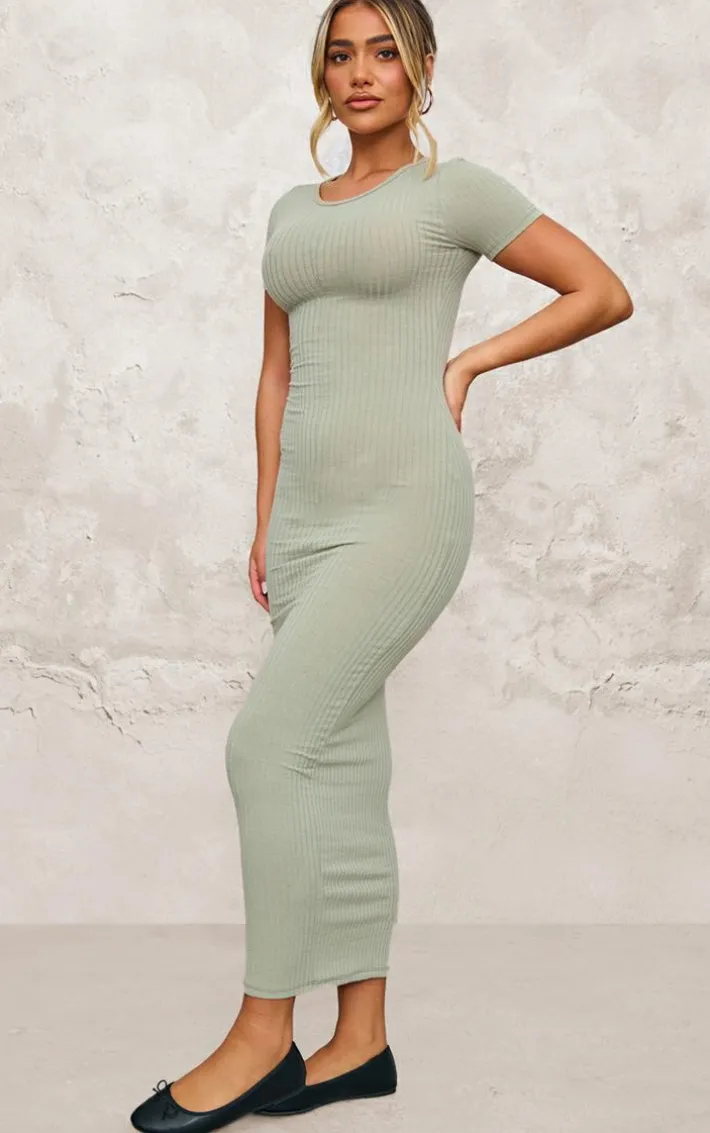 Khaki Rib Cap Sleeve Midaxi Dress