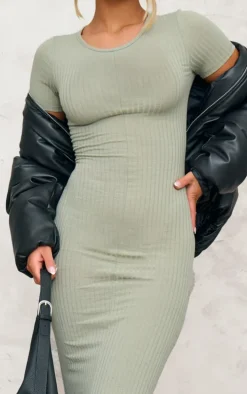 Khaki Rib Cap Sleeve Midaxi Dress