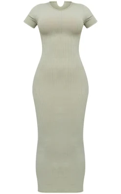 Khaki Rib Cap Sleeve Midaxi Dress