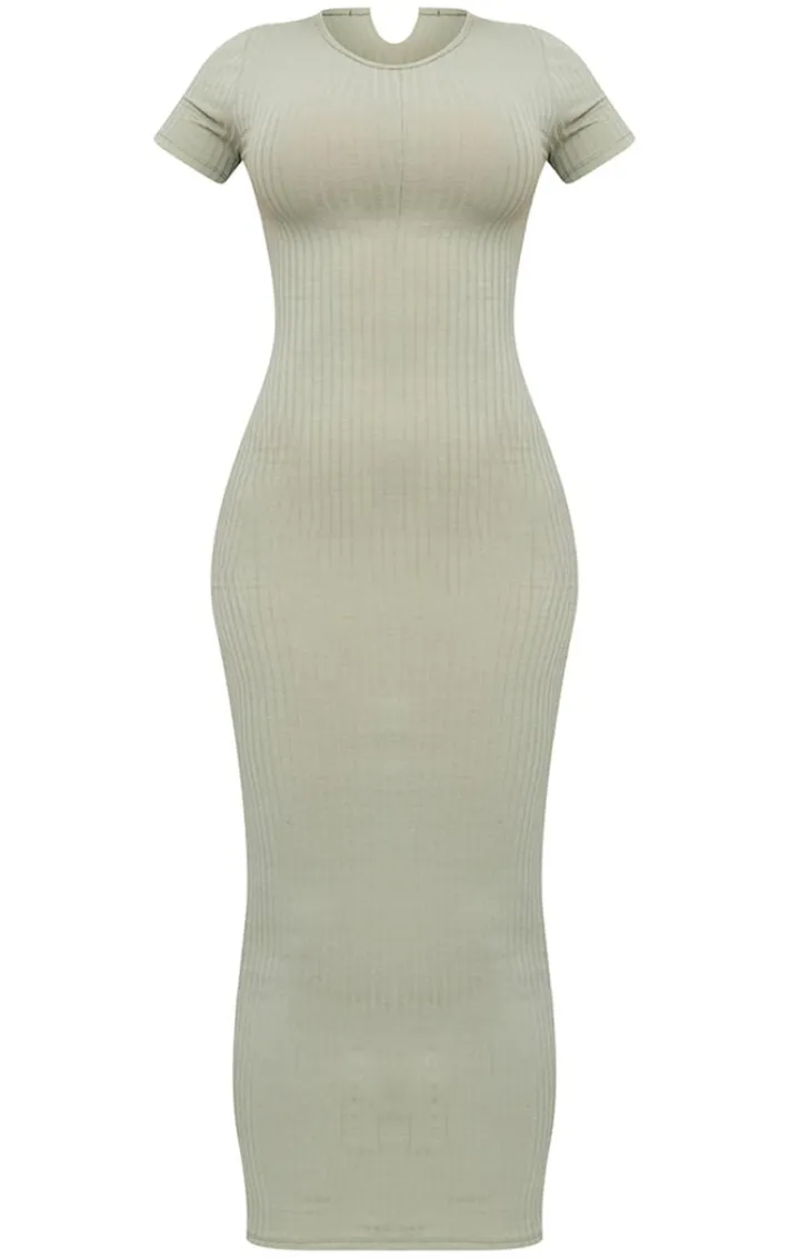 Khaki Rib Cap Sleeve Midaxi Dress