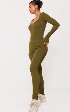 Khaki Rib Scoop Neck Long Sleeve Flare Leg Jumpsuit