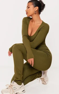 Khaki Rib Scoop Neck Long Sleeve Flare Leg Jumpsuit