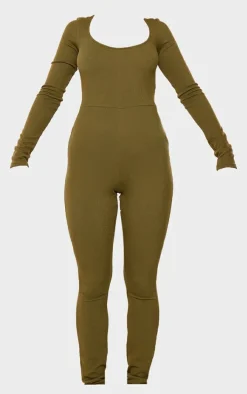 Khaki Rib Scoop Neck Long Sleeve Flare Leg Jumpsuit