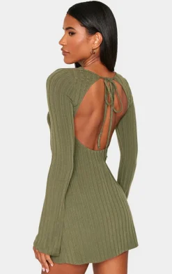 Khaki Rib Tie Cut Out Back Bodycon Dress