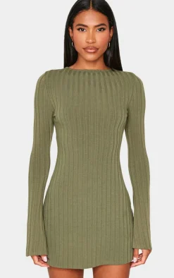 Khaki Rib Tie Cut Out Back Bodycon Dress