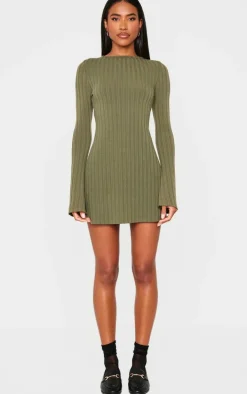 Khaki Rib Tie Cut Out Back Bodycon Dress