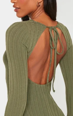 Khaki Rib Tie Cut Out Back Bodycon Dress