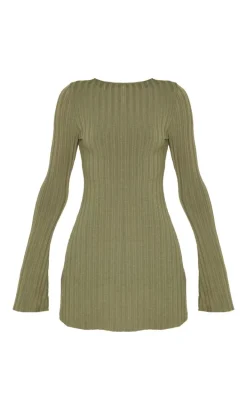 Khaki Rib Tie Cut Out Back Bodycon Dress