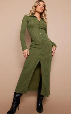 Khaki Ribbed Button Long Sleeve Midaxi Dress