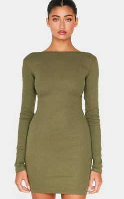 Khaki Ribbed Low Back Long Sleeve Bodycon Dress