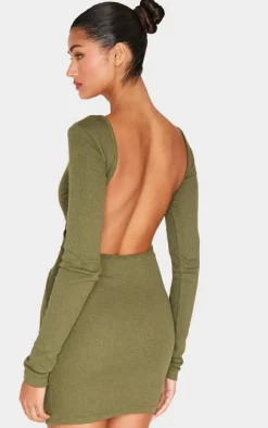 Khaki Ribbed Low Back Long Sleeve Bodycon Dress
