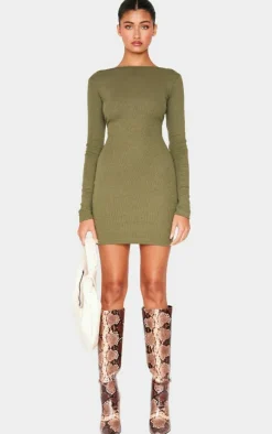 Khaki Ribbed Low Back Long Sleeve Bodycon Dress