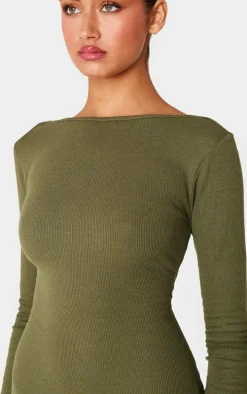 Khaki Ribbed Low Back Long Sleeve Bodycon Dress