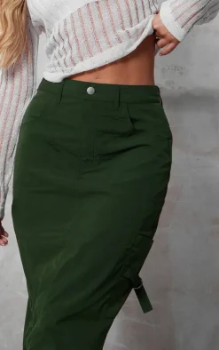 Khaki Ripstop Cargo Midi Skirt